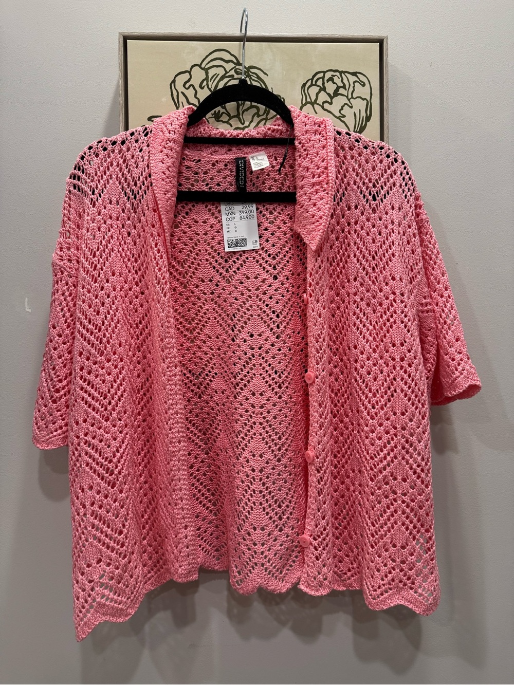 H&M Coral Pink Openwork Crochet Button-Up Shirt Women’s Large ~ NEW WITH TAG